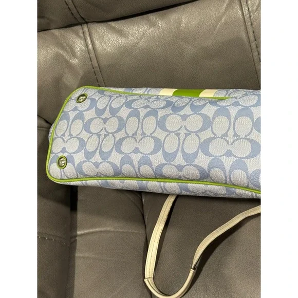 Coach Signature Monogram Tote Bag Blue Green White Leather Trim 15" by 11" - Picture 11 of 11